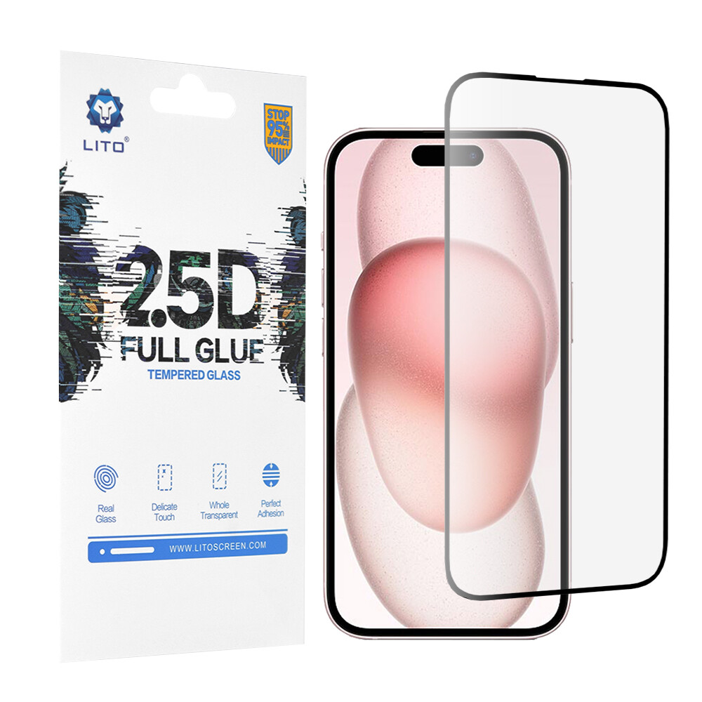 Lito 2.5D Celoplošné Lepené Sklo iPhone 15 Černé