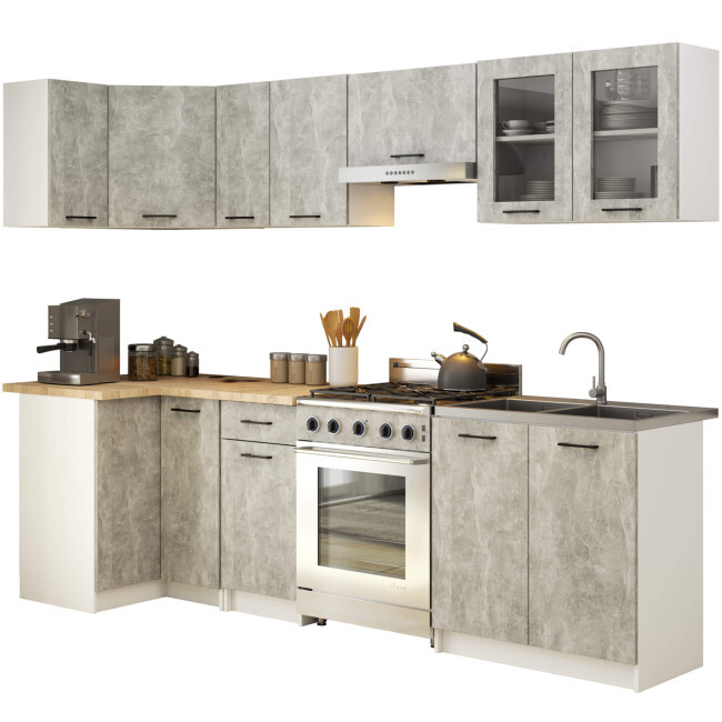 Rohová kuchyňská linka OLIVIA 3 m s vitrínou beton