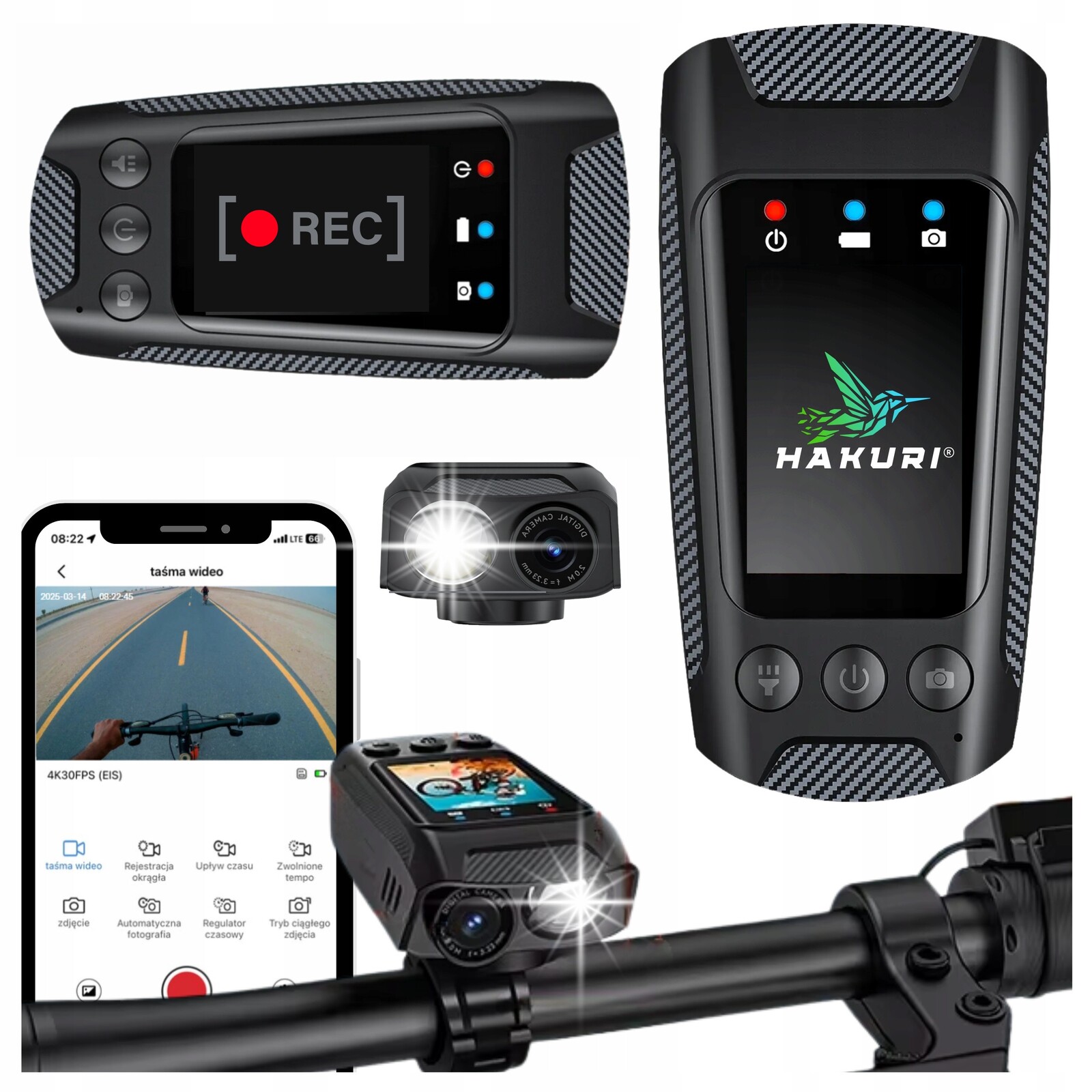 Záznamník jízdy Sportovní kamera 4K Video Svítilna Klakson 4v1 prostorná 64GB