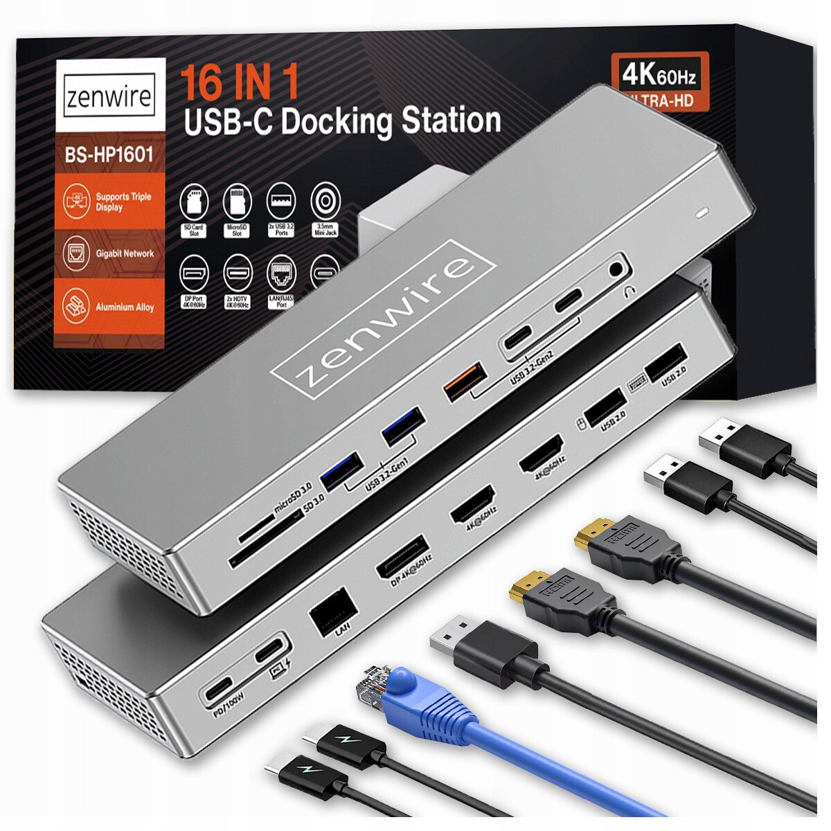 Dokovací stanice Usb-c Hub 16v1 2x Hdmi 4K 60Hz Display Port 1.4 Usb Sd Jack