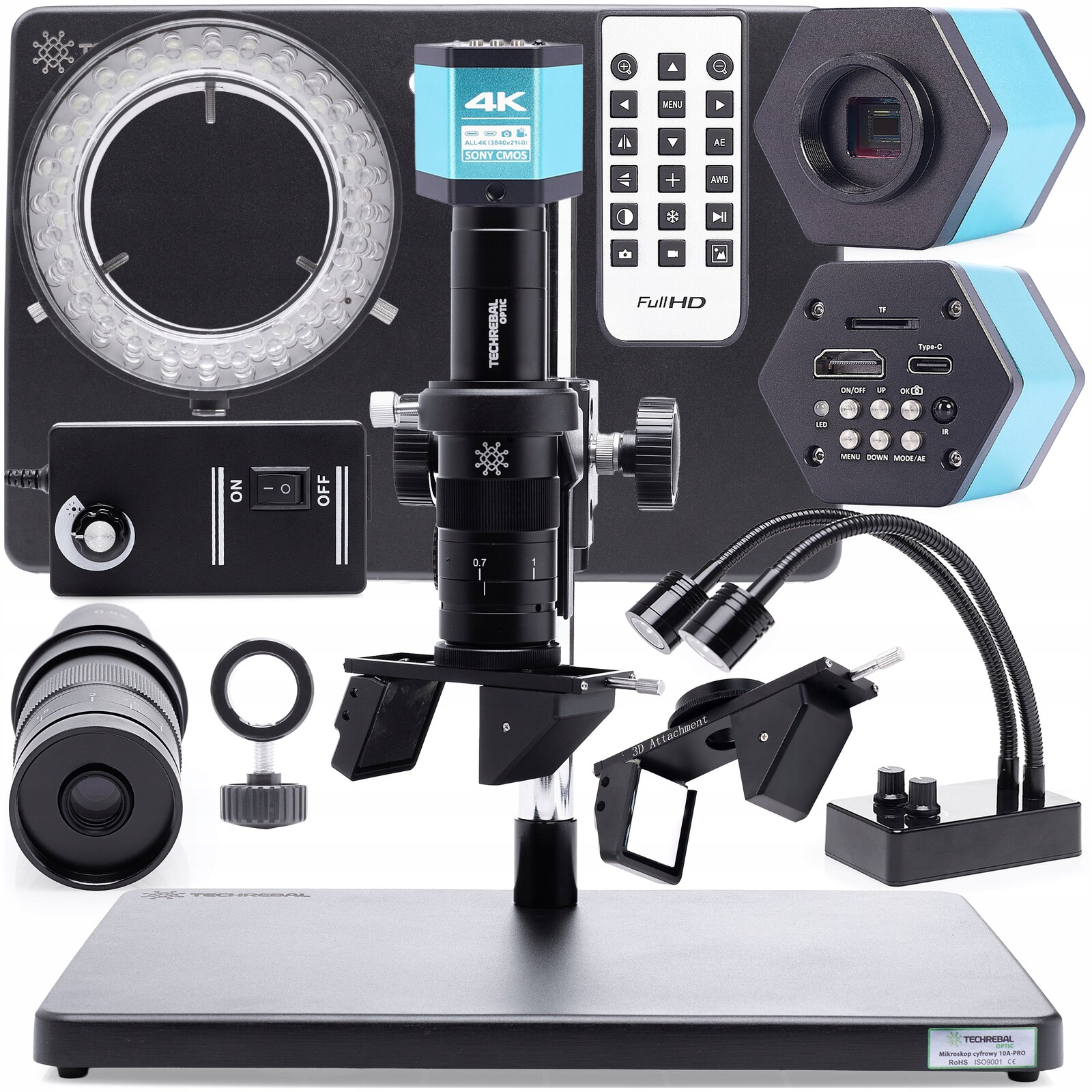 Digitální Mikroskop 10A 7-45x Modul 3D Kamera 4K 2x Led Osvětlení Velká Základna