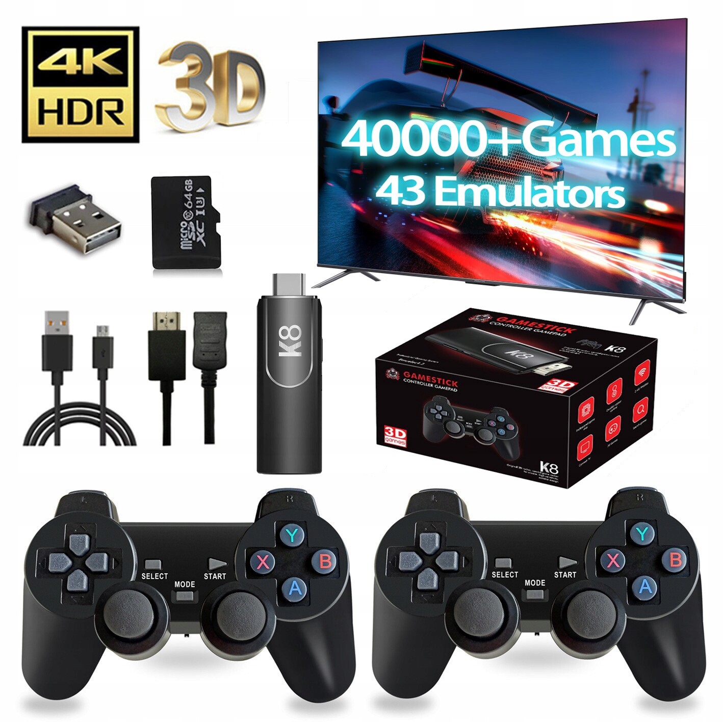 Konzola Retro K8 3D Retro Game 40000 her 2 Pady 43 emulátorů 64 Gb