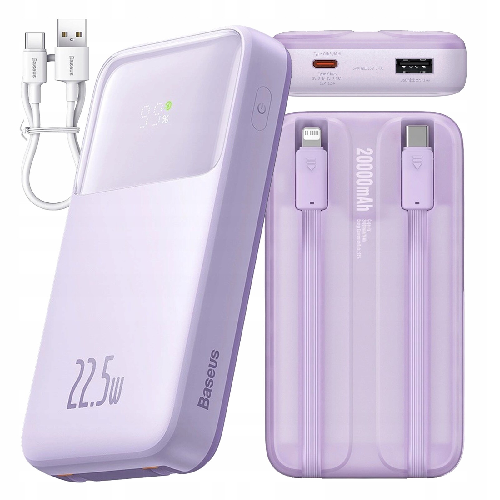 Baseus Powerbanka 20000 mAh 22.5 W S Vestavěnými Kabely Usb-c Lightning