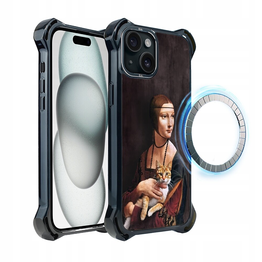Pouzdro pro iPhone 15 Plus Ibizu DropGuard Ultra s MagSafe, dáma s kočkou