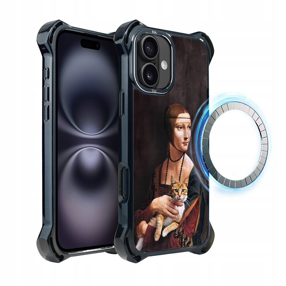 Pouzdro pro iPhone 16 Plus Ibizu DropGuard Ultra s MagSafe, dáma s kočkou