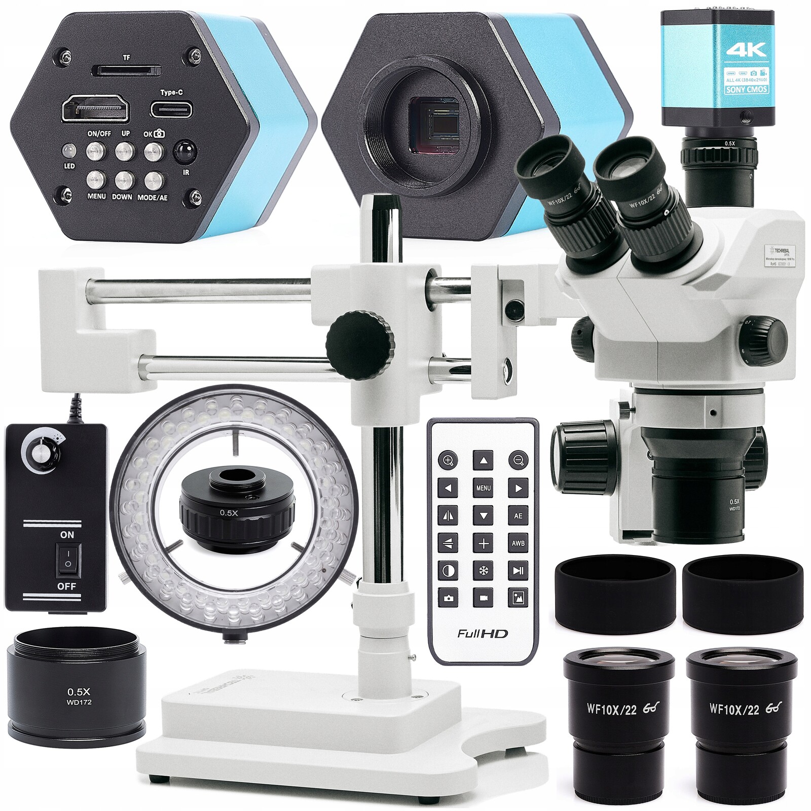 Stereoskopický Mikroskop 7-60X Kamera 4K Osvětlení 144x Led