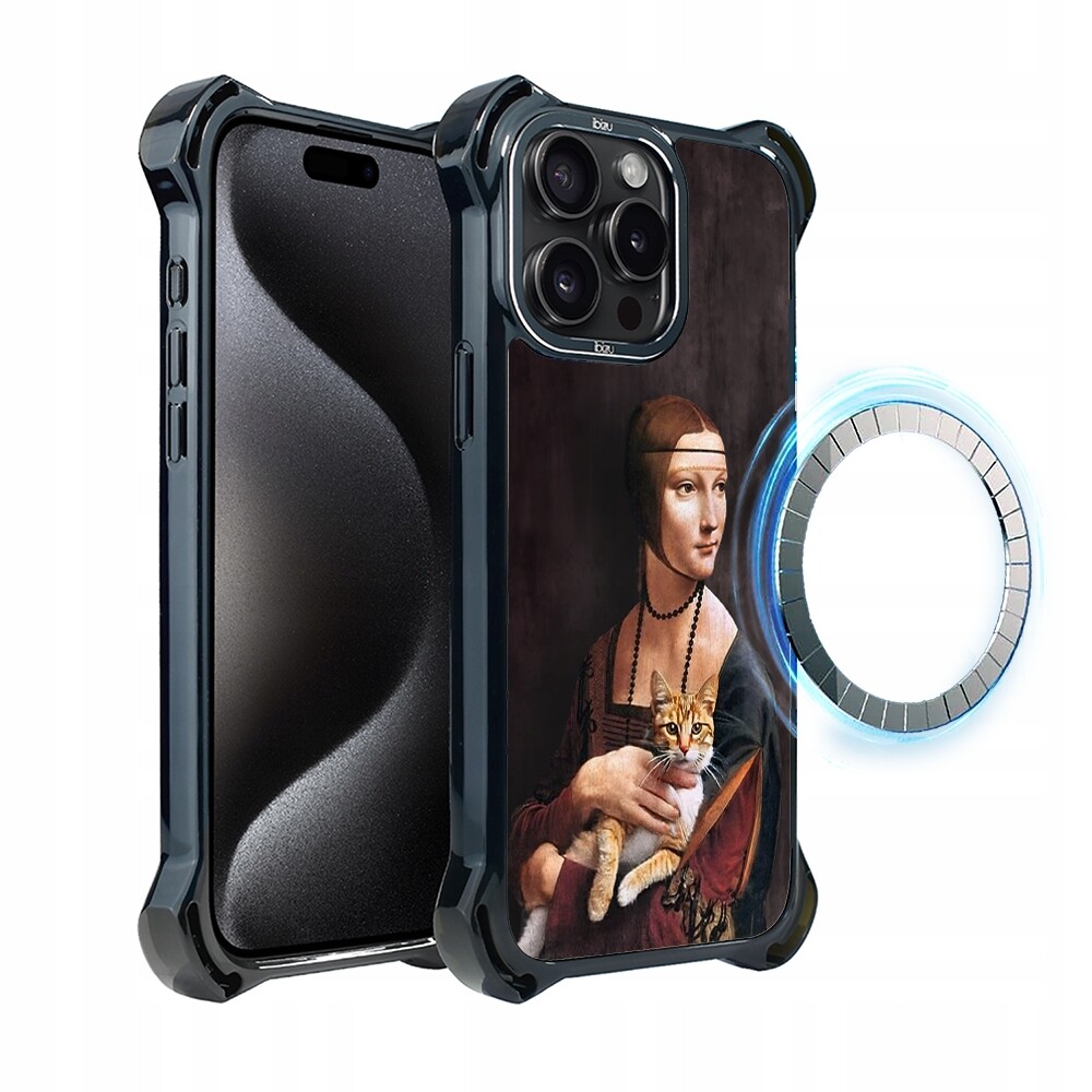 Pouzdro pro iPhone 15 Pro Ibizu DropGuard Ultra s MagSafe, dáma s kočkou