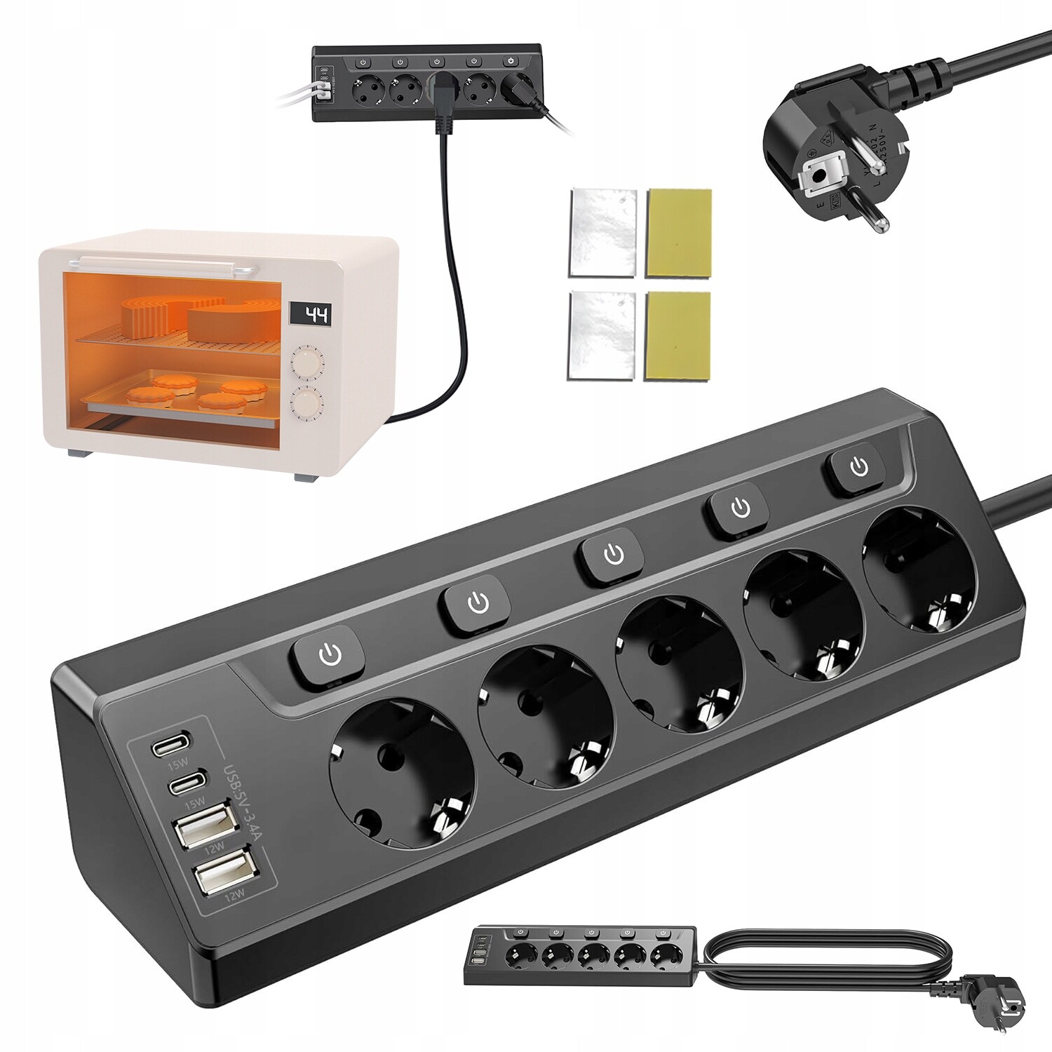 Prodlužovací Zásuvková Lišta S Vypínači 2 M S 5 Zásuvkami, 2 Porty Usb A/c