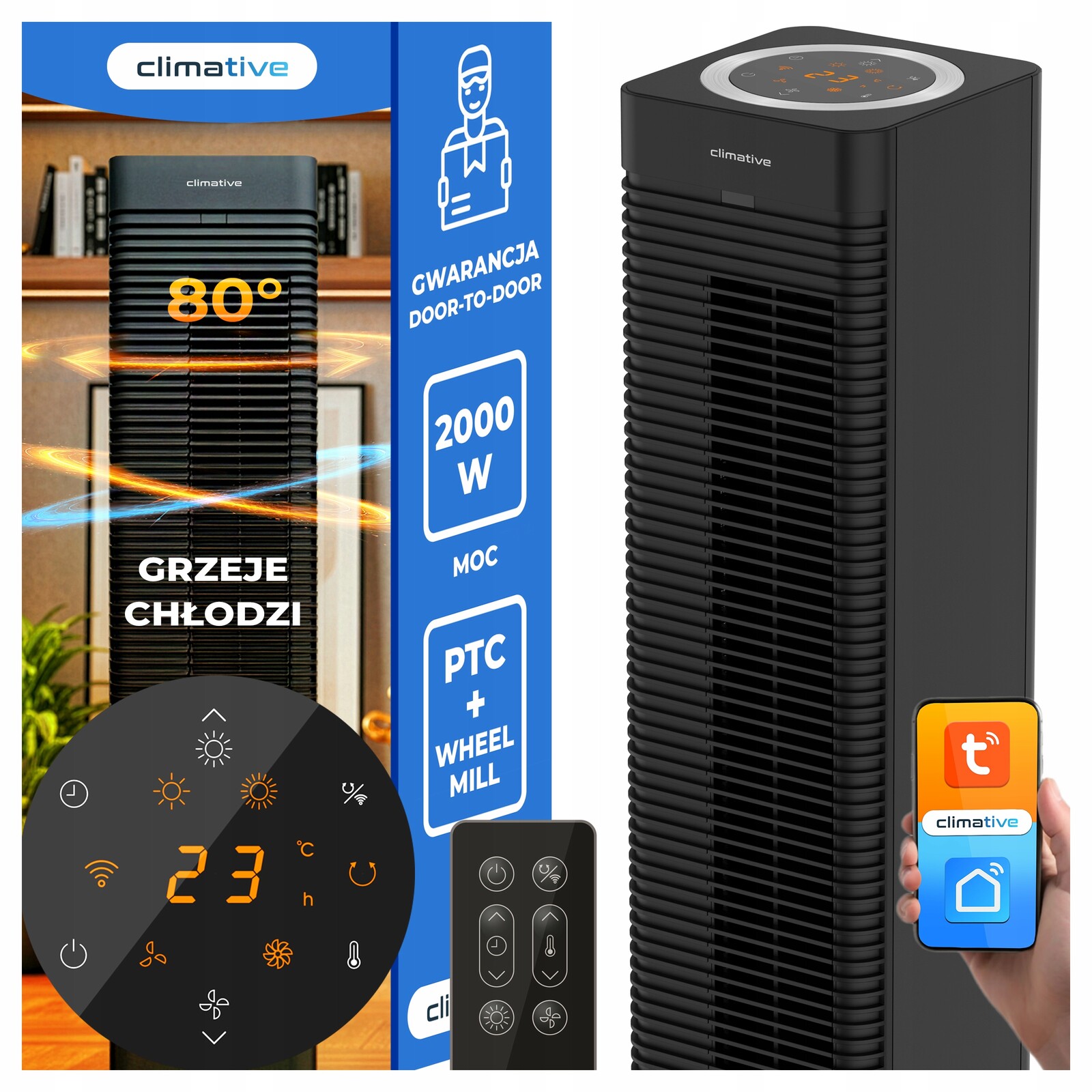 Sloupový ventilátor CoolHeat WiFi 2v1 Termoventilátor Farelka 2000 W 73 cm