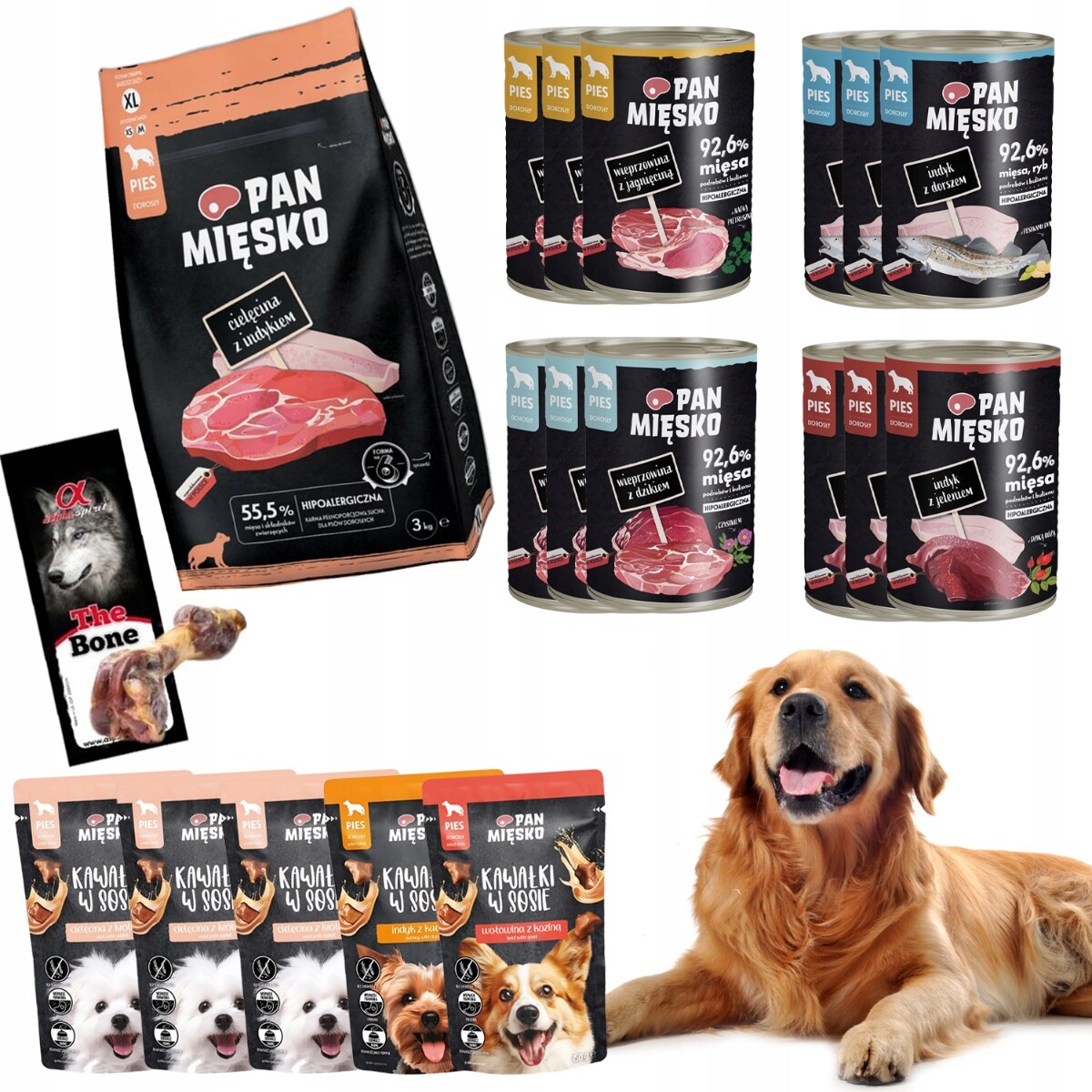 Sada pro psy Pan Mięsko 3 kg mix 12 x 400 g mix 5 x 150 g kost