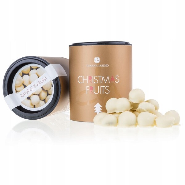 Vánoční rozinky v rumu a bílé belgické čokoládě jako dárek