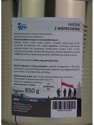 3x Fazole s vepřovým masem 850g vojenské