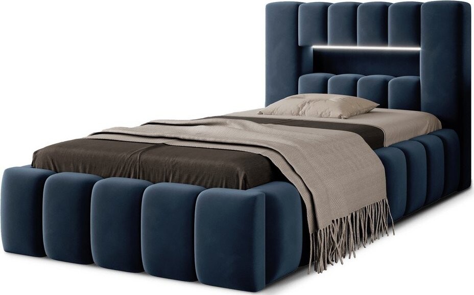 Tmavě modrá čalouněná jednolůžková postel s úložným prostorem s roštem 90x200 cm Lamica – ELTAP