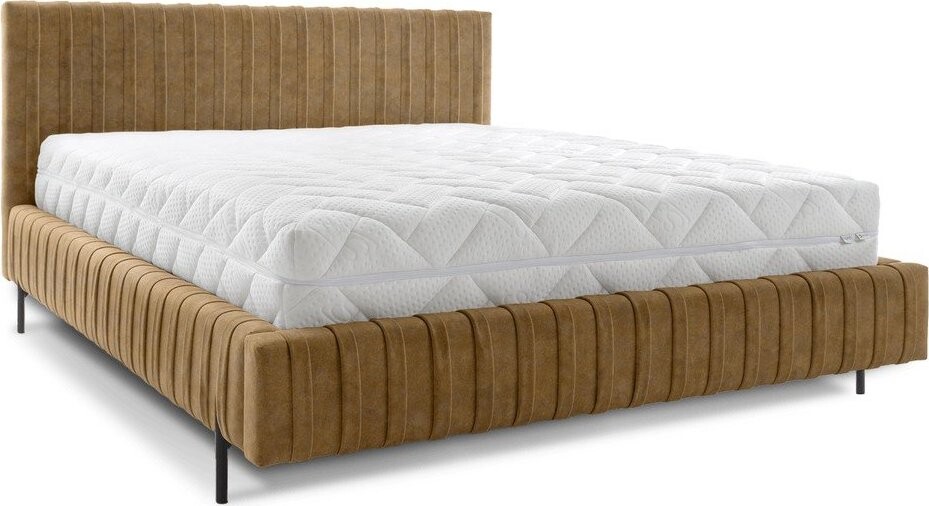 Okrově žlutá čalouněná dvoulůžková postel s úložným prostorem s roštem 140x200 cm Plissa – ELTAP