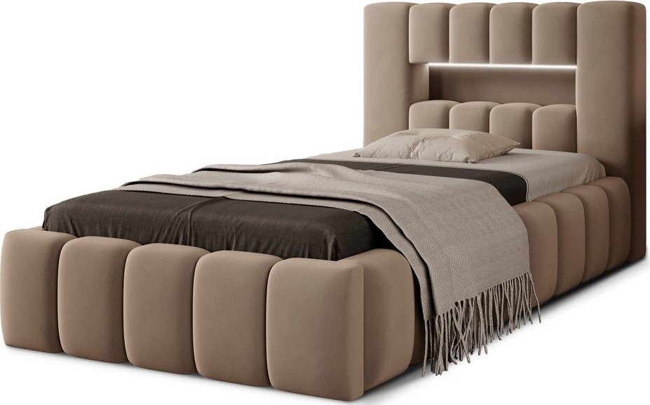 Světle hnědá čalouněná jednolůžková postel s úložným prostorem s roštem 90x200 cm Lamica – ELTAP