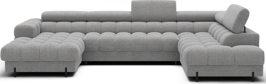 Šedá rozkládací rohová pohovka z textilie bouclé (pravý roh/do