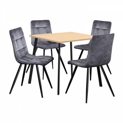 Jídelní set pro 4 osoby stůl 80x80 dub + 4 židle šedý samet BERGEN BLACK FRIDAY Idea
