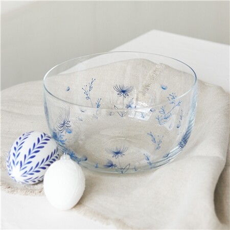 Skleněná mísa s dekorem modrých rostlinek