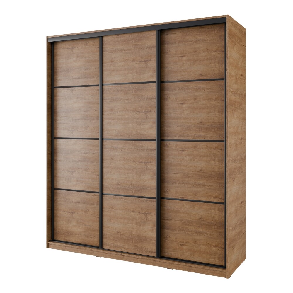 Šatní skříň NEJBY BARNABA 180 cm s posuvnými dveřmi, 4 šuplíky a 2 šatními tyčemi, dub lefkas