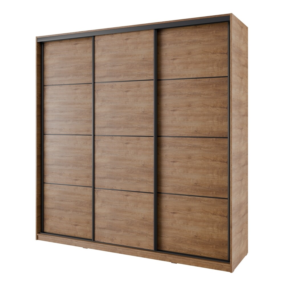 Šatní skříň NEJBY BARNABA 200 cm s posuvnými dveřmi, 4 šuplíky a 2 šatními tyčemi, dub lefkas