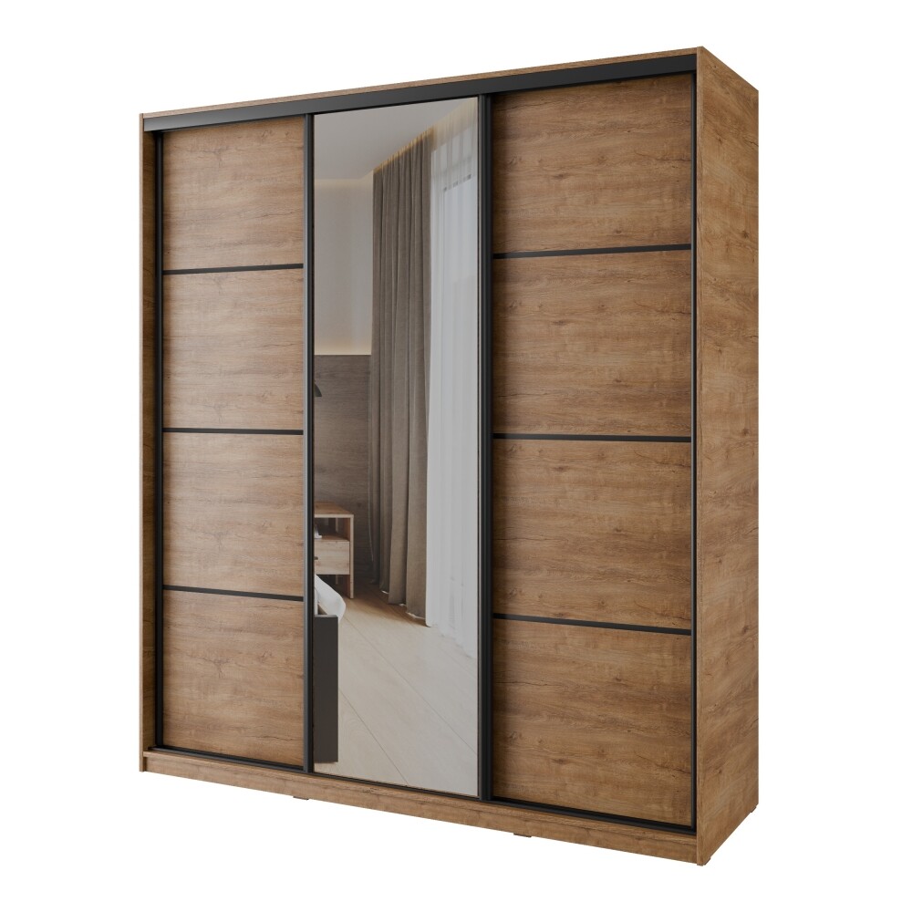 Šatní skříň NEJBY BARNABA 180 cm s posuvnými dveřmi,zrcadlem,4 šuplíky a 2 šatními tyčemi,dub lefkas