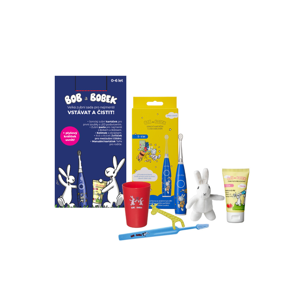 Bob a Bobek dárková sada - Velká zubní sada pro nejmenší s modrým sonickým kartáčkem a USB dobíjením