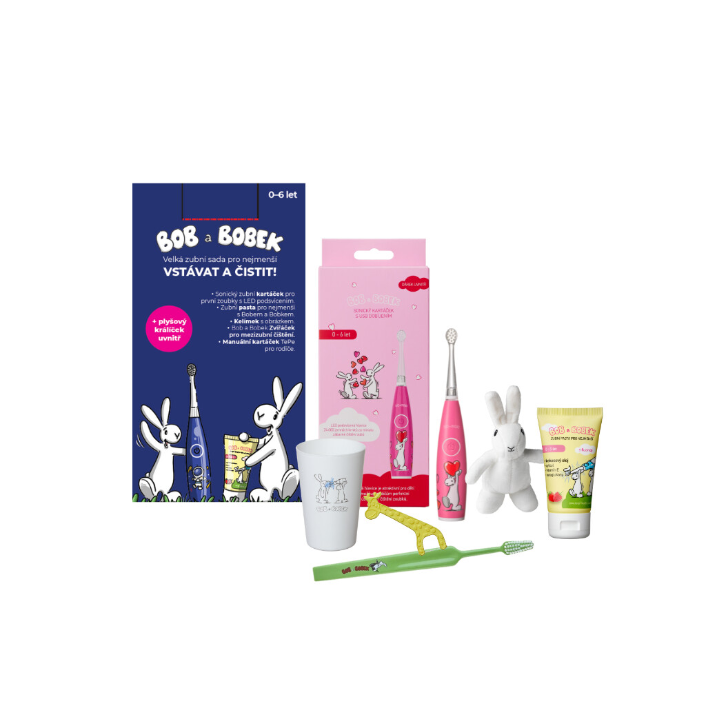 Bob a Bobek dárková sada - Velká zubní sada pro nejmenší s červeným sonickým kartáčkem a USB dobíjením
