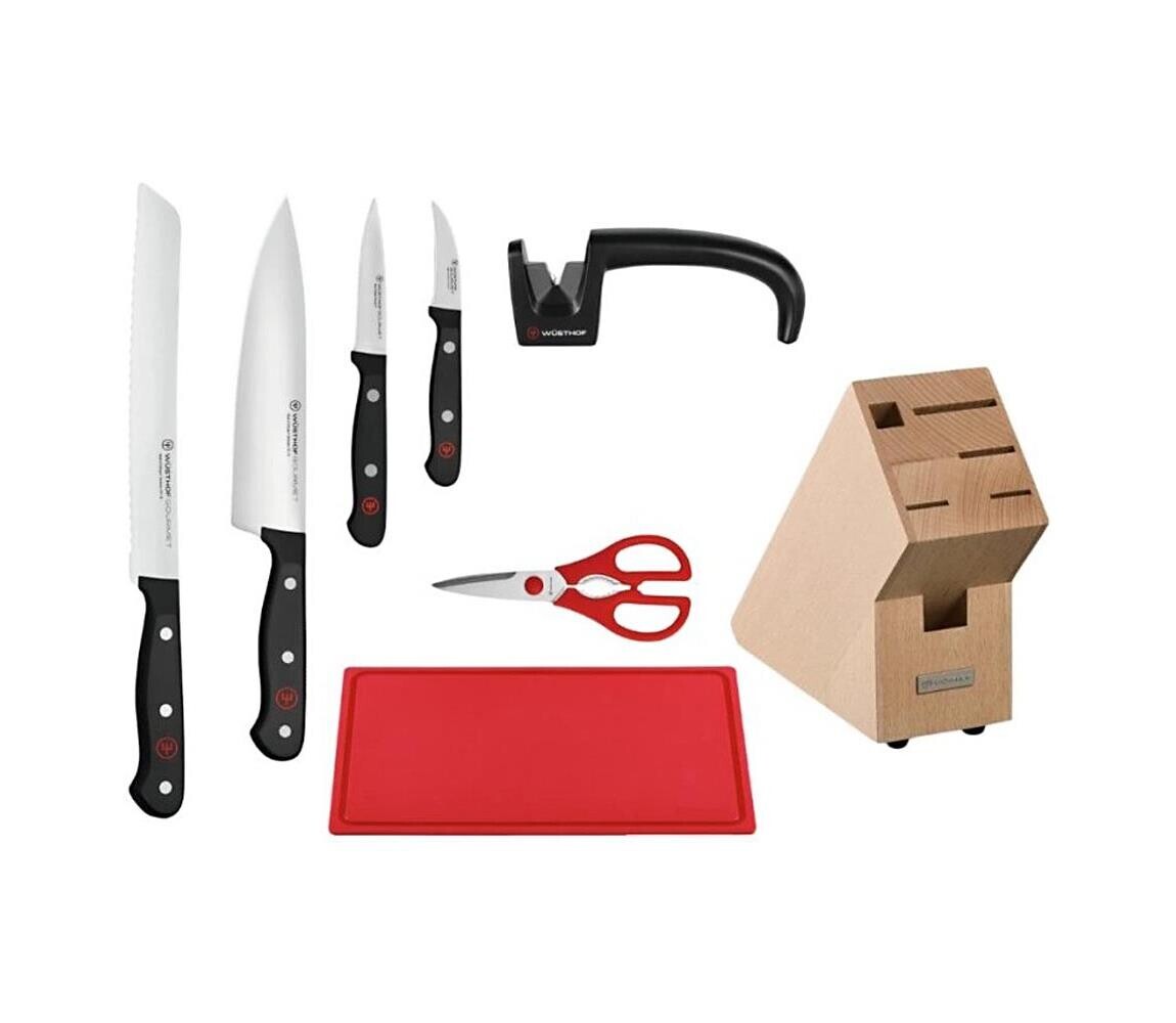 Wüsthof - Sada kuchyňských nožů ve stojanu GOURMET s brouskem a prkýnkem 8 ks 1095070801