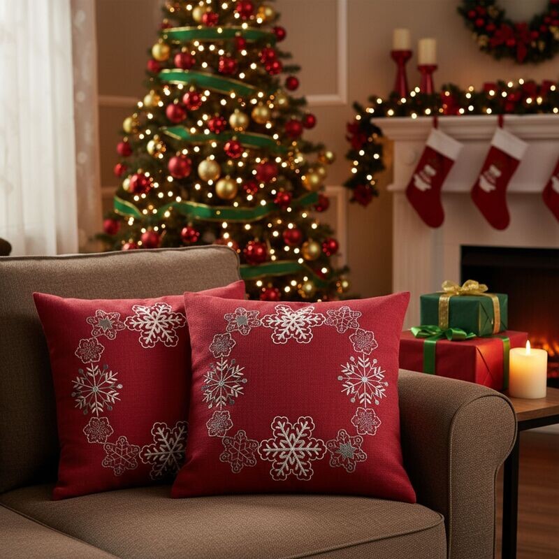 Návlek na polštář, Kouzelné vločky, červený, 40 x 40 cm