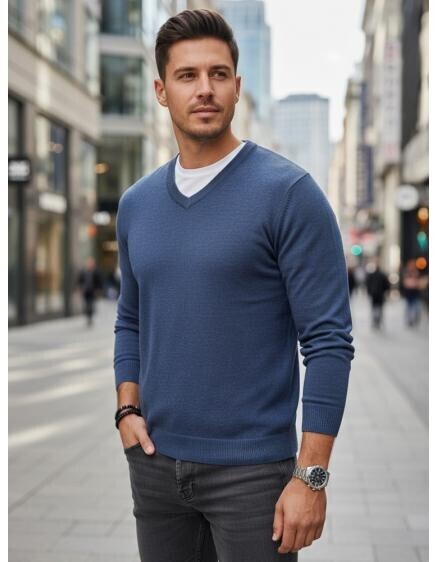Pánský svetr s výstřihem do V, modrý
