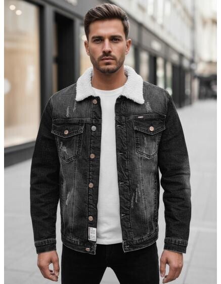 Pánská džínová bunda s podšívkou z kožešiny šedá