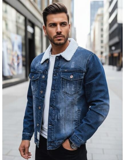 Pánská džínová bunda s podšívkou z kožešiny modrá