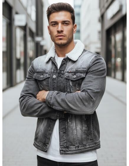 Pánská džínová bunda s podšívkou a kožešinou, černá