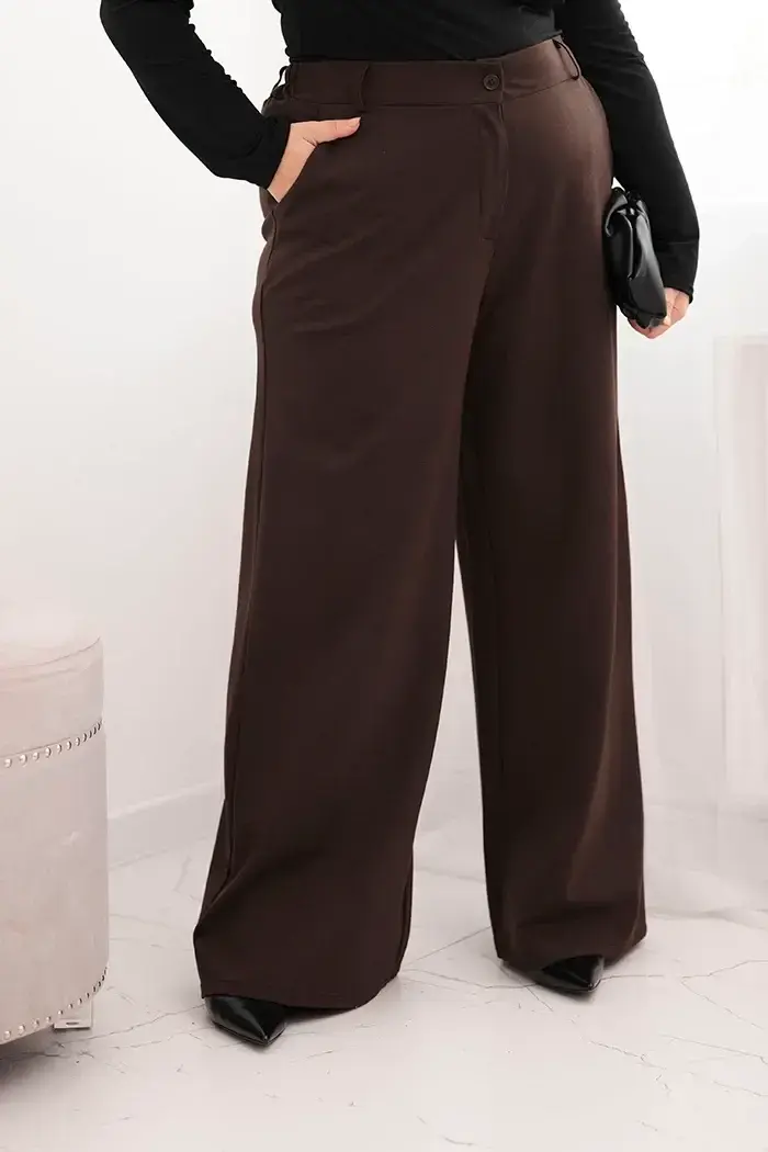 Kesi Włoski Dámské kalhoty Plus Size s širokou nohavicí a elastickým pasem hnědé