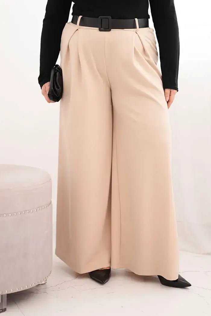 Kesi Włoski Dámské kalhoty Plus Size s širokou nohavicí a páskem béžové