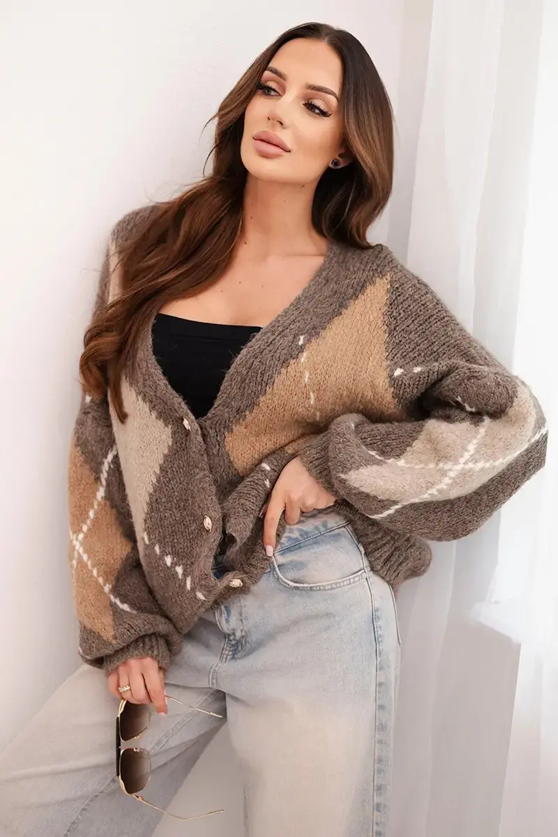 Kesi Włoski Dámský svetr s kosočtverci na knoflíky fango