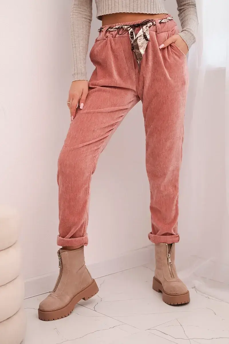 Kesi Włoski Dámské kalhoty z viskózy s šátkovým pásem tmavě růžové