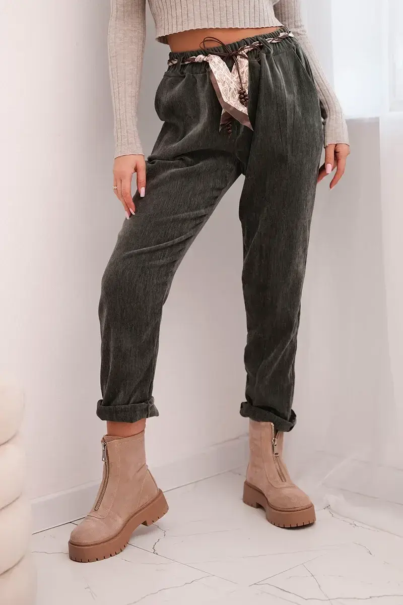 Kesi Włoski Dámské kalhoty z viskózy s šátkovým páskem khaki