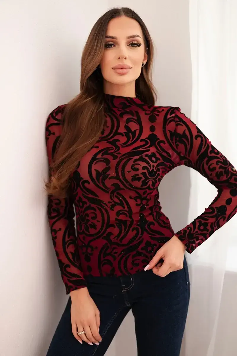 Kesi Włoski Dámská blůza bordó s sametovým vzorem a stojáčkem bordó