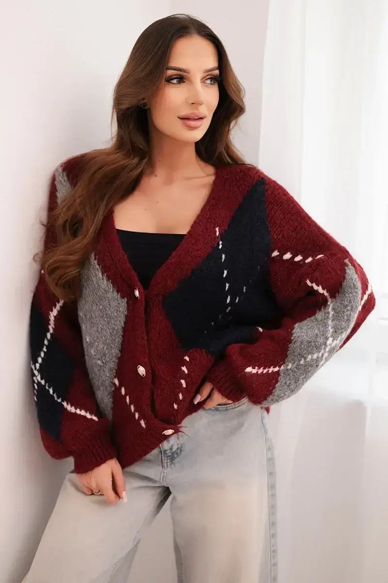 Kesi Włoski Dámský svetr s vlnou v rombích na knoflíky bordový