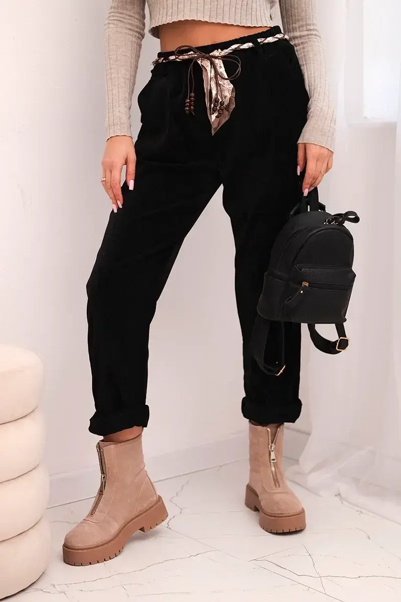 Kesi Włoski Dámské kalhoty z viskózy s šátkovým páskem černé