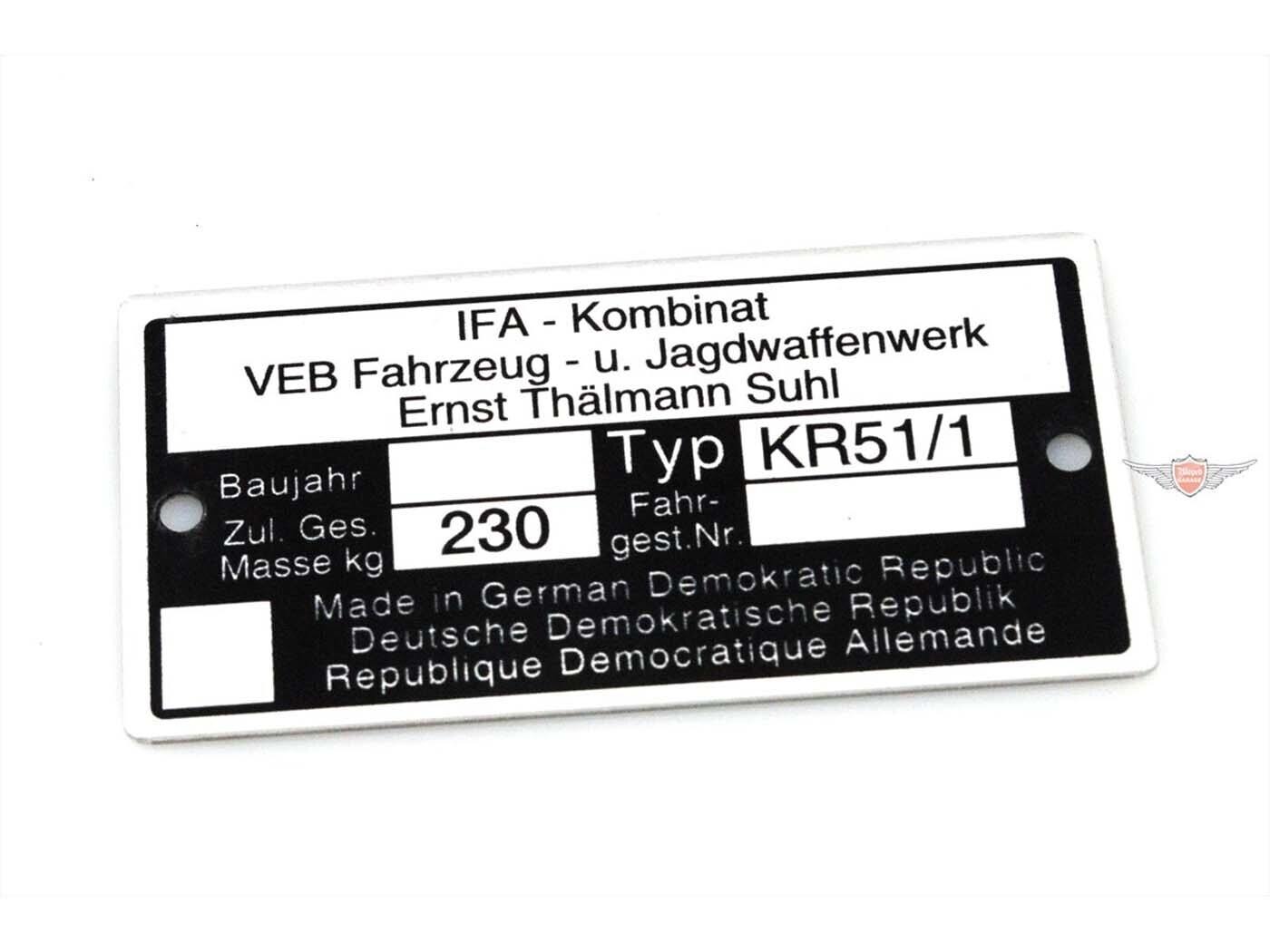 Diverse / Import Typový štítek hliník 73,80 mm 37,09 mm 0,7 mm pro Simson Schwalbe KR51/1