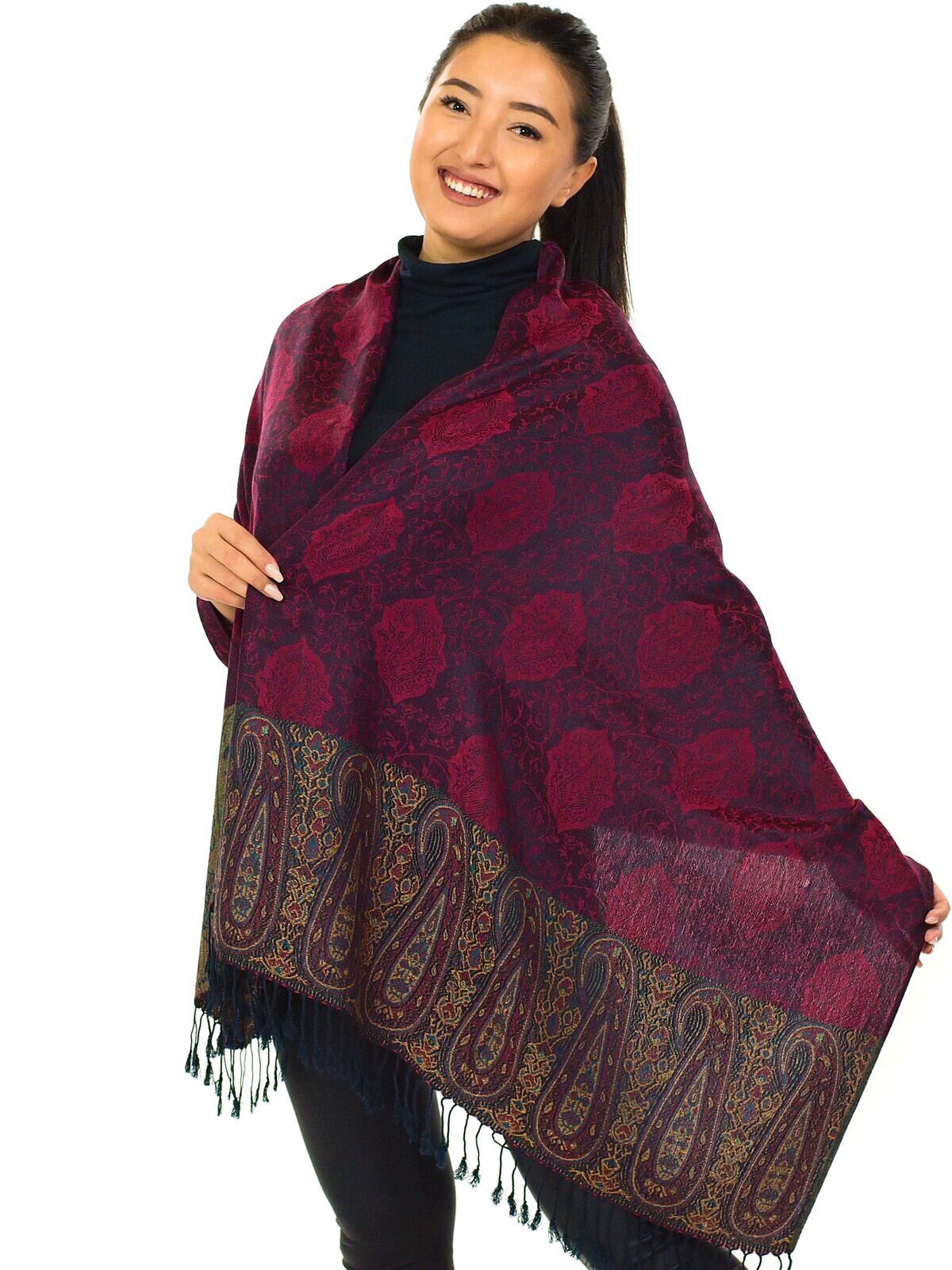 Himalife Šátek pašmína Nepal - černá s vínovou