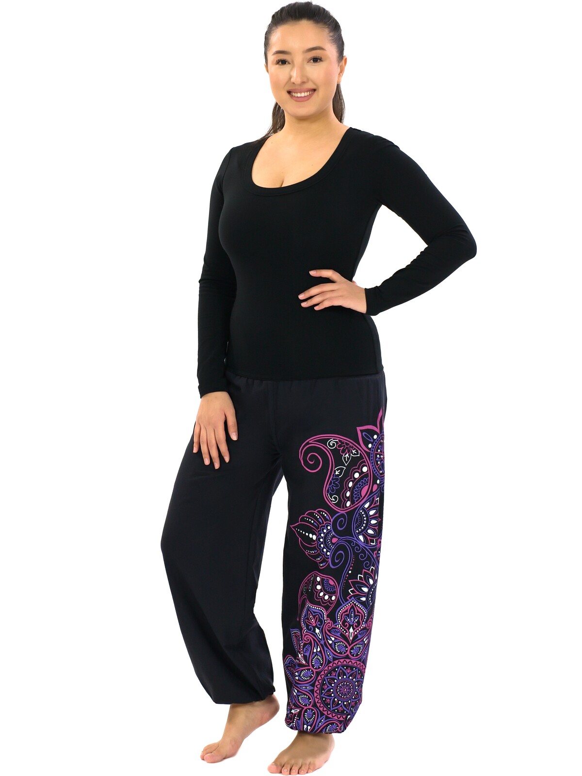 Himalife Kalhoty Thea - černá s růžovou a fialovou Velikost: S/M