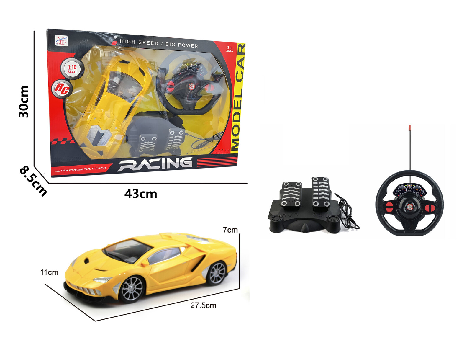 Mamido Mamido Auto na dálkové ovládání 1:16 závodní model s volantem a pedály žluté RC