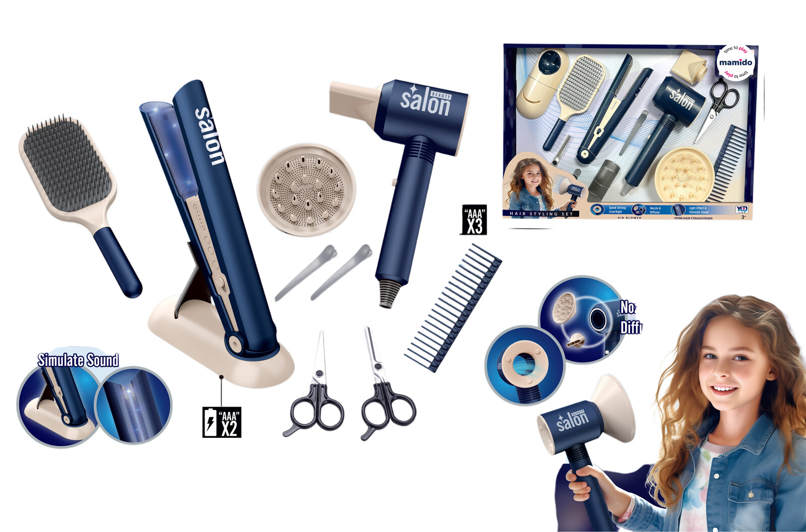 Mamido Mamido Dětský kadeřnický set s fénem a žehličkou 12 dílů MT1363 modrý