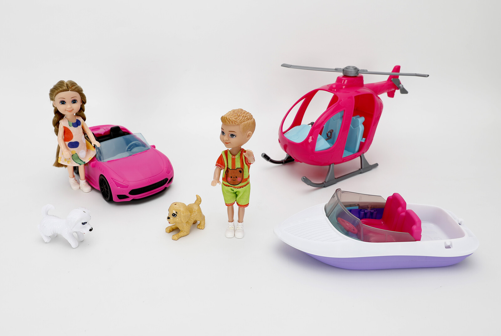 Mamido Mamido Mini panenky Leo a Nini s autem, lodí, vrtulníkem a pejsci