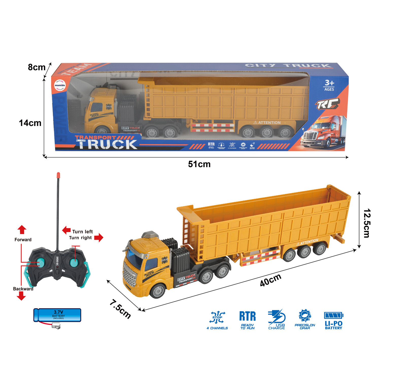 Mamido Mamido Nákladní auto na dálkové ovládání 40 cm žluté RC
