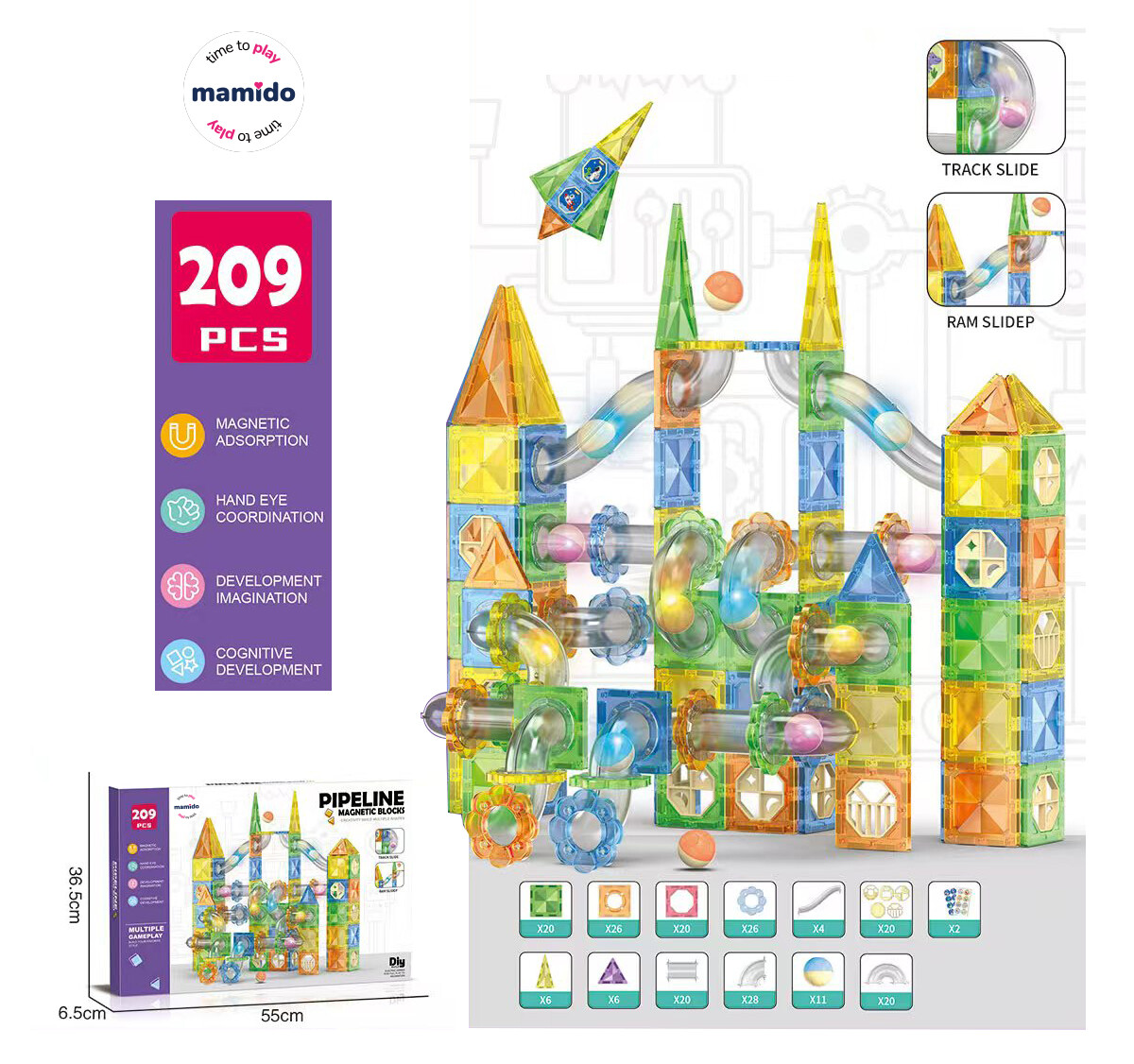Mamido Mamido Barevná magnetická stavebnice 209 dílů kuličková dráha MT1514