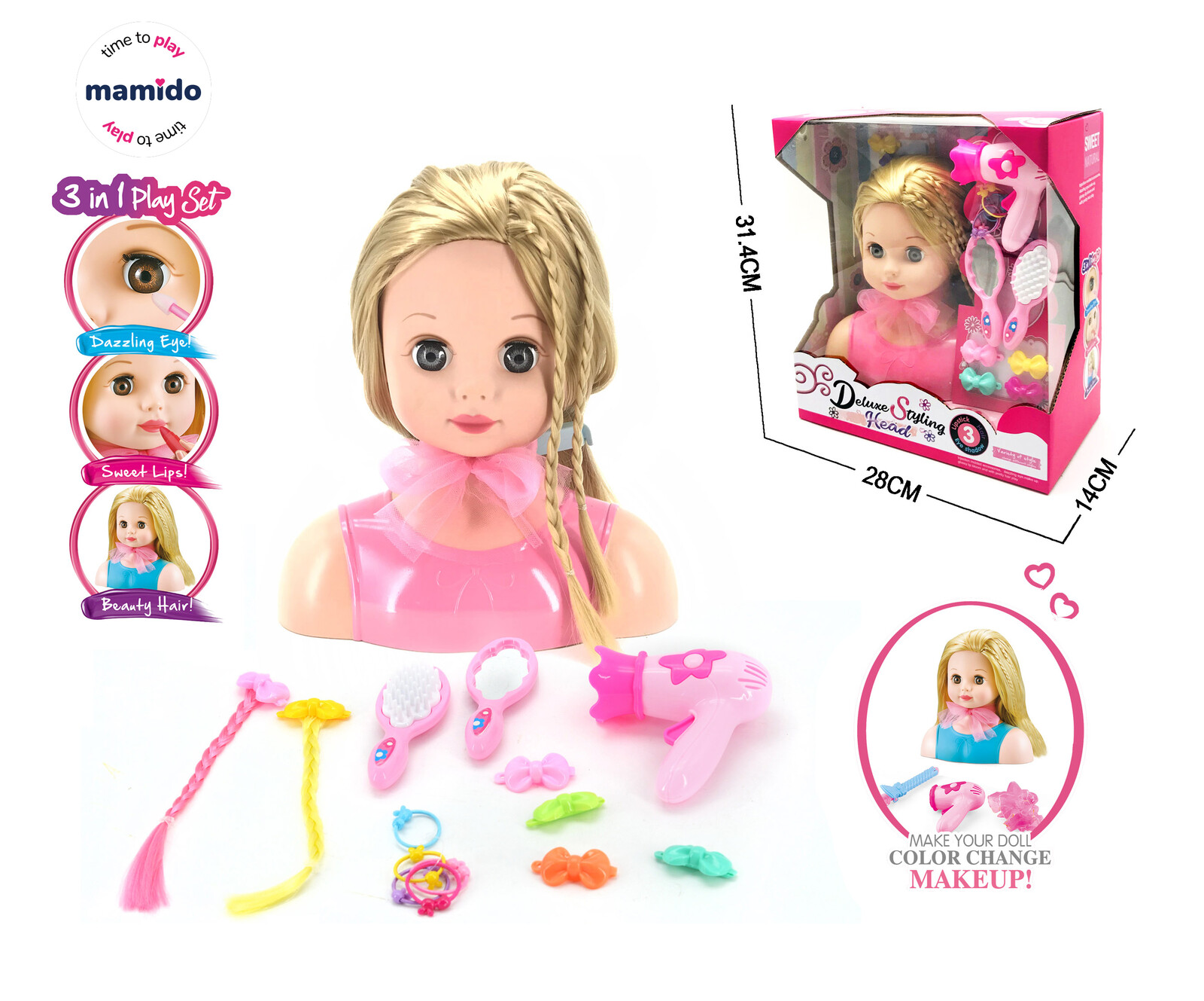 Mamido Mamido Česací hlava s doplňky a make-up růžová Blond MT1250